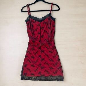 Cynthia Steffe Red Black Lace Sheer Mesh Slip Dress Y2K Goth Coquette Mini Sz 10